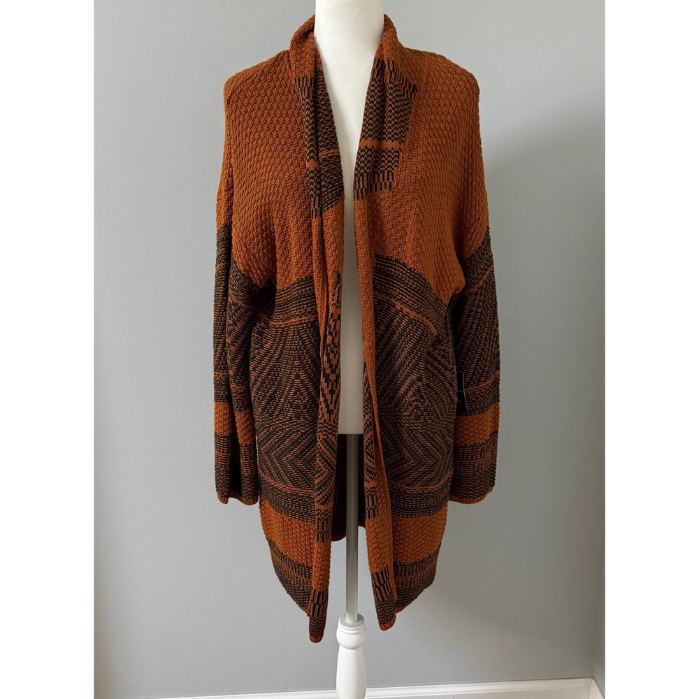 Lucky Brand Women's Open Front Long Aztec Cardigan Geometric Orange Black L NWT